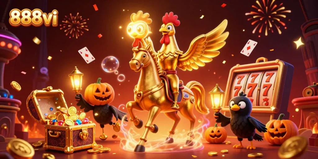 Engage in thrilling casino adventures with 888vi's golden rooster and spooky companions in this vibrant 3D artwork.