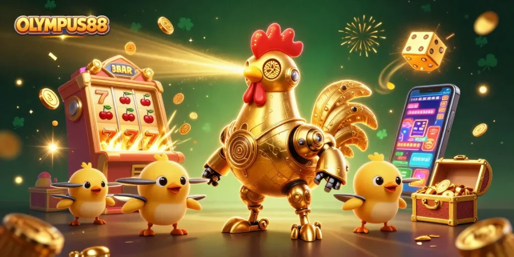 OLYMPUS88 menampilkan ilustrasi 3D kasino yang dinamis dengan mesin slot jackpot meledak dan robot ayam futuristik.