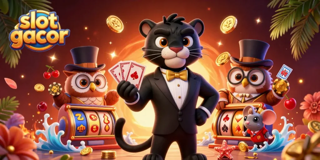 Raih kemenangan besar dengan slot gacor dalam ilustrasi yang menampilkan panther, hantu, dan tikus beruntung.