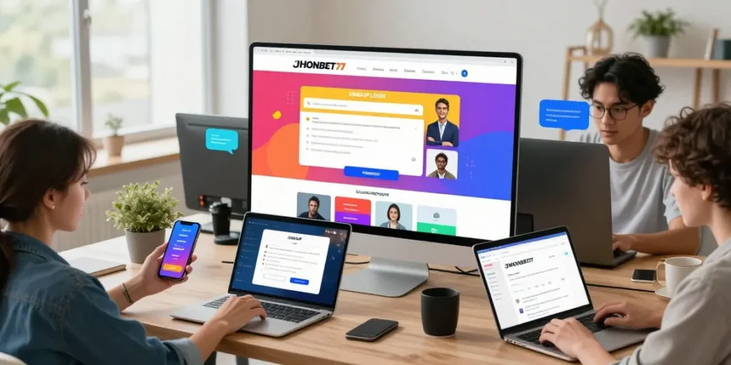 Pengguna mengakses IMBAJP LOGIN dan fitur JHONBET77 lainnya di pusat akses digital yang modern.