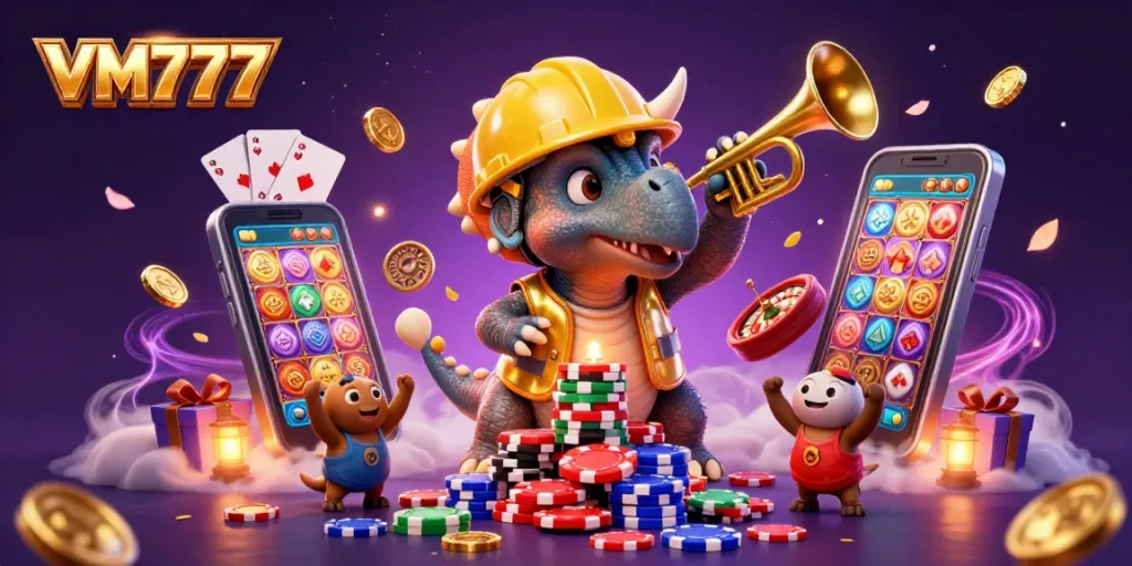 VM777 engages players with vibrant 3D casino elements showcasing fun and excitement in an interactive gambling scene.