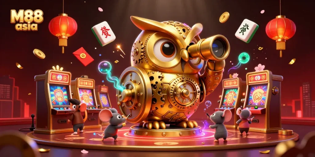 M88 asia illuminates the vibrant casino floor with a whimsical golden owl and playful mouse patrons amidst dynamic gambling elements.