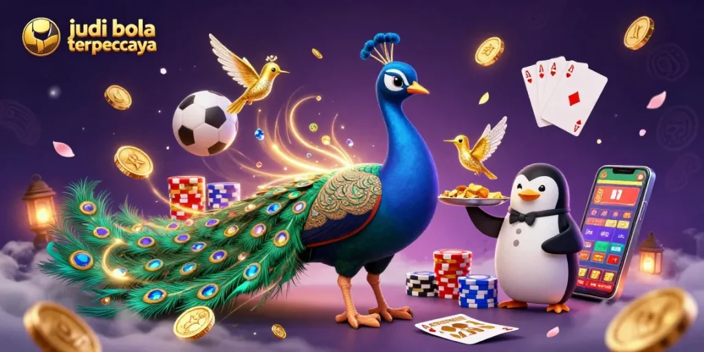 Engage in judi bola terpercaya, featuring vibrant betting atmosphere with peacock, penguin, and golden hummingbird.