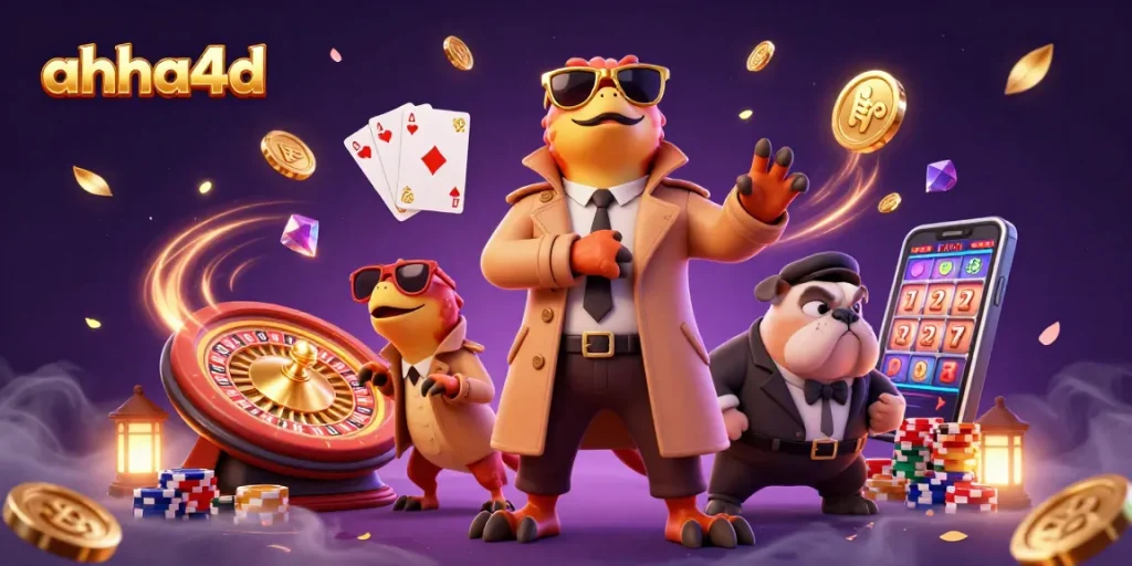Engage with ahha4d as three raptors cleverly disguise themselves to access a casino lounge, surrounded by vibrant gaming elements.