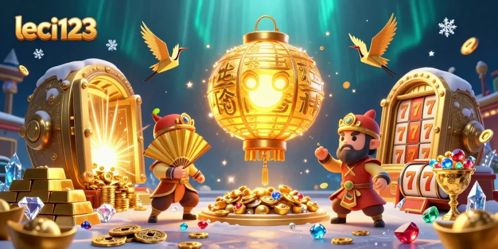 Memenangkan jackpot leci123 di kasino online dengan simbol keberuntungan yang berkilau dan karakter menarik.
