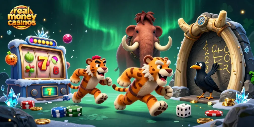 Experience the thrill of real money casinos with an engaging caveman-themed casino scene.