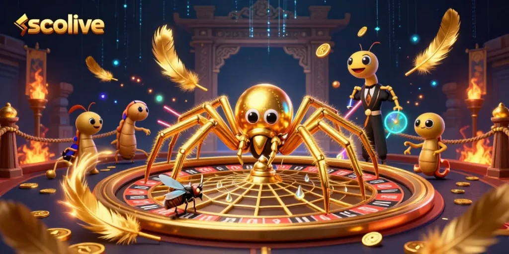 Socolive enhances gambling excitement with a dynamic roulette web scene featuring a spider, fly, and centipede croupier.