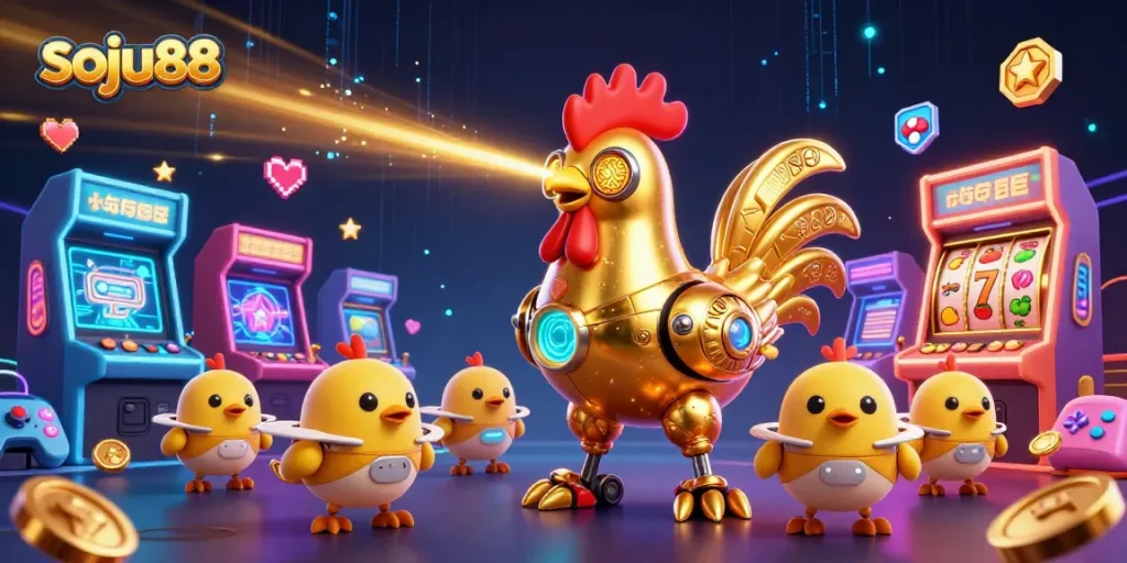 Engage with exciting slots at soju88, featuring fun 3D illustrations of games, symbols, and vibrant characters.