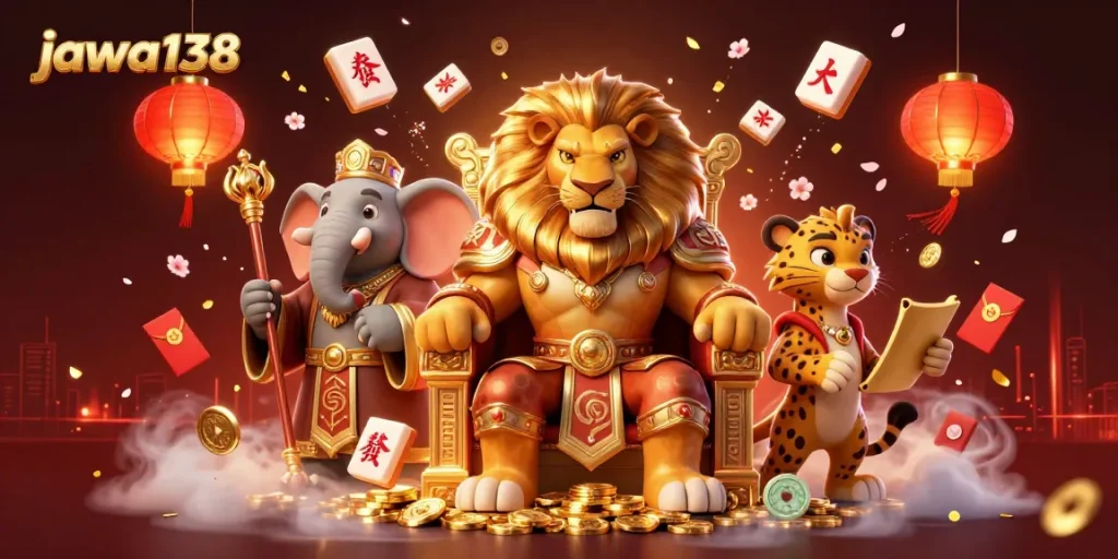 Jawa138 menampilkan ilustrasi kasino dengan singa, gajah, dan cheetah di tengah suasana meriah.