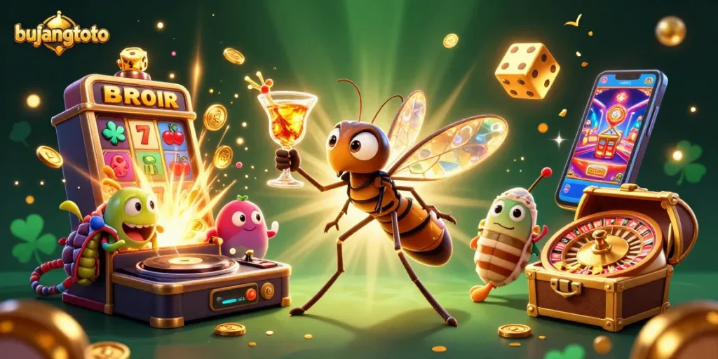 Bujangtoto memperlihatkan suasana kasino dengan karakter 3D unik dan elemen slot yang megah.
