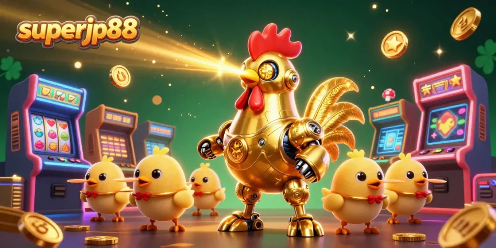Win big playing superjp88 with an energetic golden rooster robot and baby chick drones amidst colorful casino-themed elements.