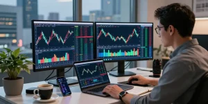 Trader mengevaluasi grafik di platform uangemas99 dengan suasana kantor modern dan data pasar langsung.