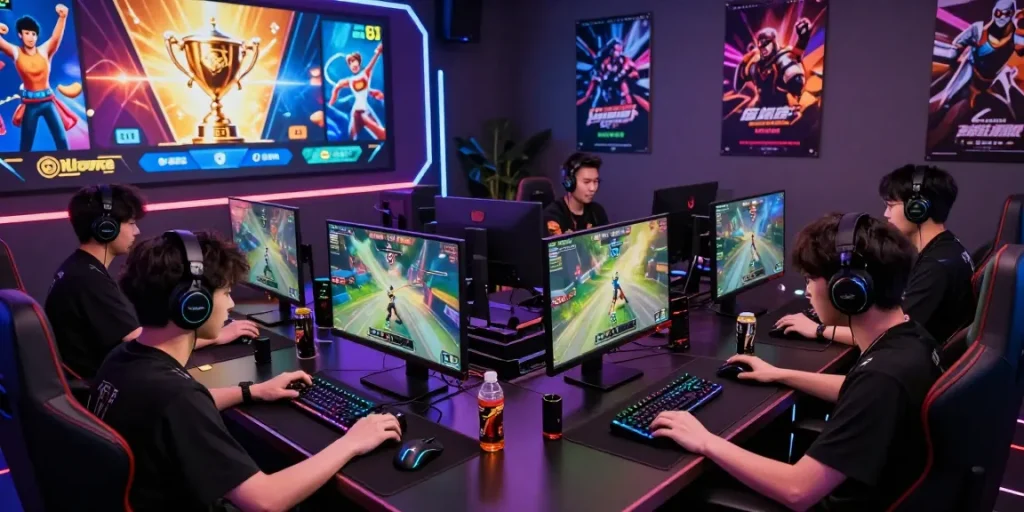 Gamers competing in a tempototo esports tournament with vibrant graphics and high-tech gear.