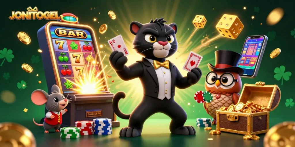 在JONITOGEL上赢得丰厚奖励，时尚的黑豹和可爱的猫头鹰围绕着丰盈的彩金和老虎机。