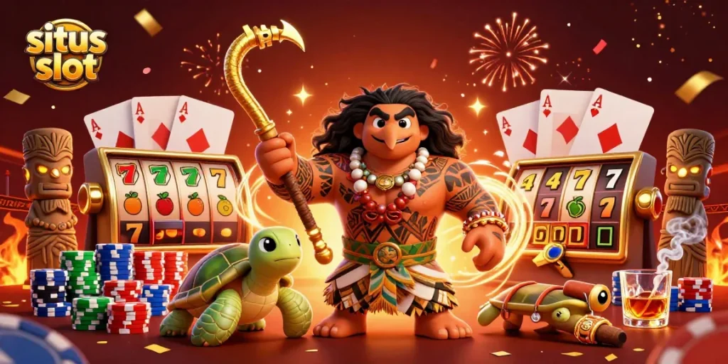 Situs slot illustration showcasing a dynamic casino scene with a Maui-style demigod, slot elements, and vibrant decorations