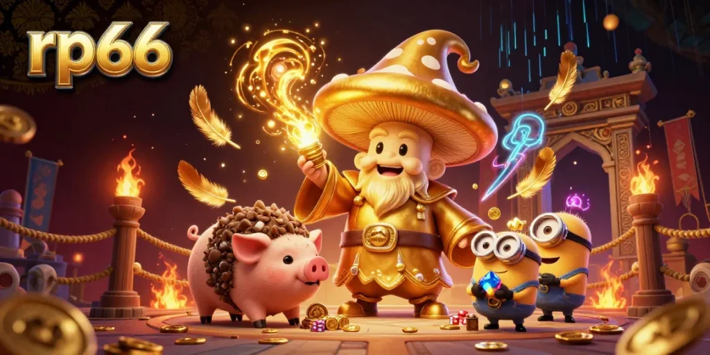 Experience the magic of rp66 with a golden mushroom wizard uncovering treasures in a vibrant casino scene.
