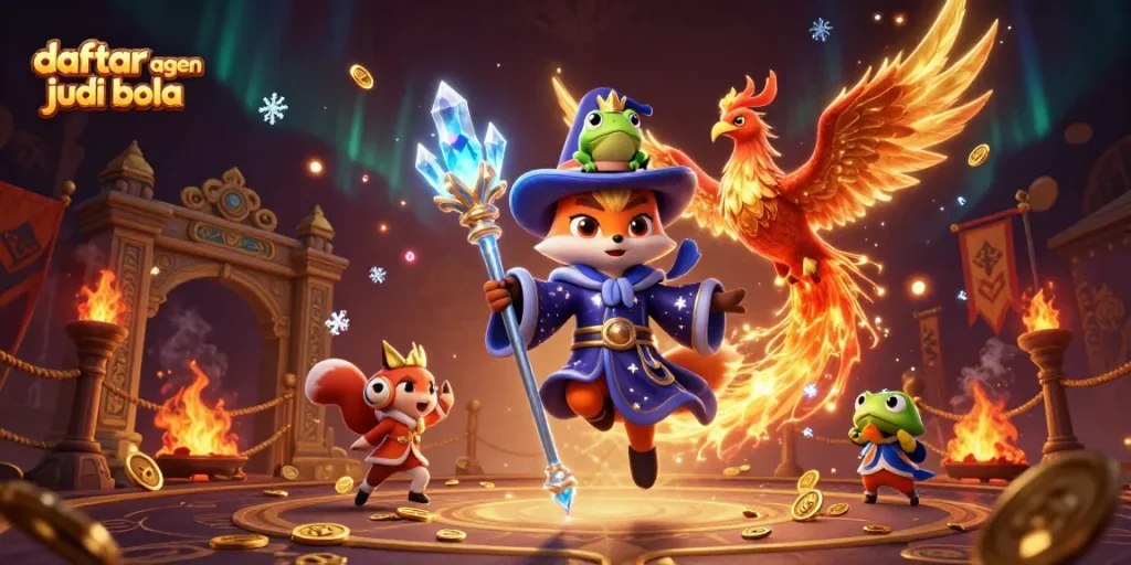 Engage with daftar agen judi bola through a mystical 3D scene showcasing fantasy characters around betting tokens.
